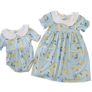 Girls Light Blue Lemon Print Dress